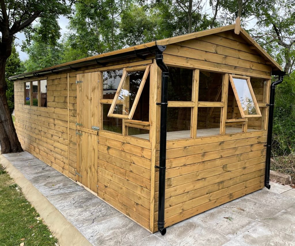 22x8 Apex Shed Combo With Potting Bench, Opening Windows And Gutter Up Both Sides